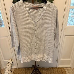 Chicos Minimalist Vertical Stripe Floral Embroidered Button Down Shirt 2 Large